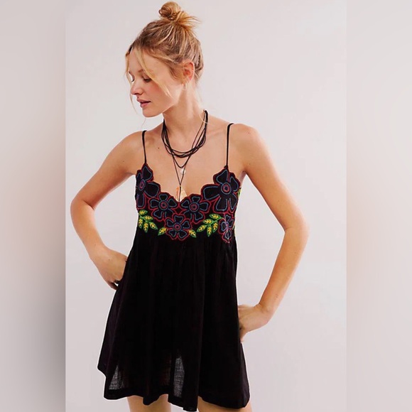 Free People Black Camisole with Colorful Floral Embroidery #199 - Picture 2 of 6
